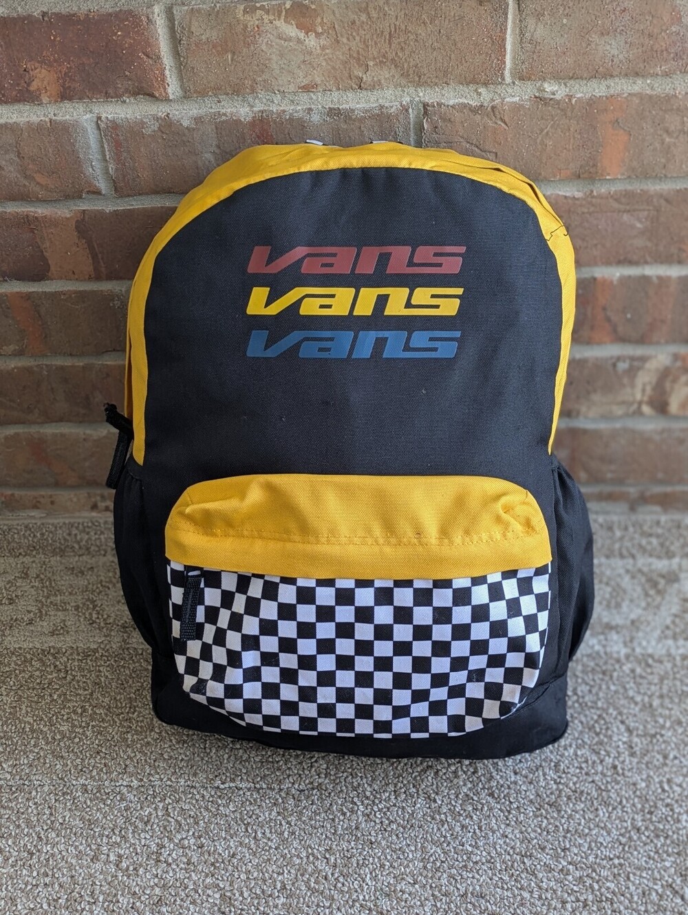 Vans Sporty Realm Plus Backpack Black Yellow Checkerboard Triple Logo School Bag
